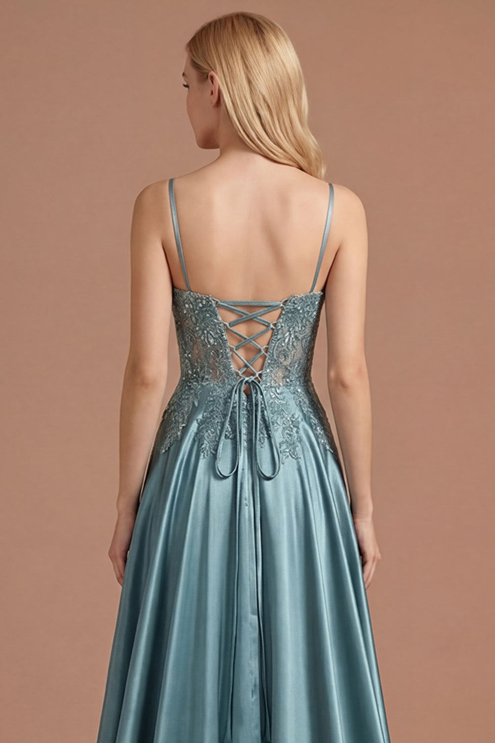 Spaghetti Straps Agave Floral Appliqued Floral A Line Long Prom Dress with Slit