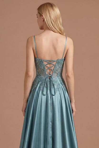 Spaghetti Straps Agave Floral Appliqued Floral A Line Long Prom Dress with Slit