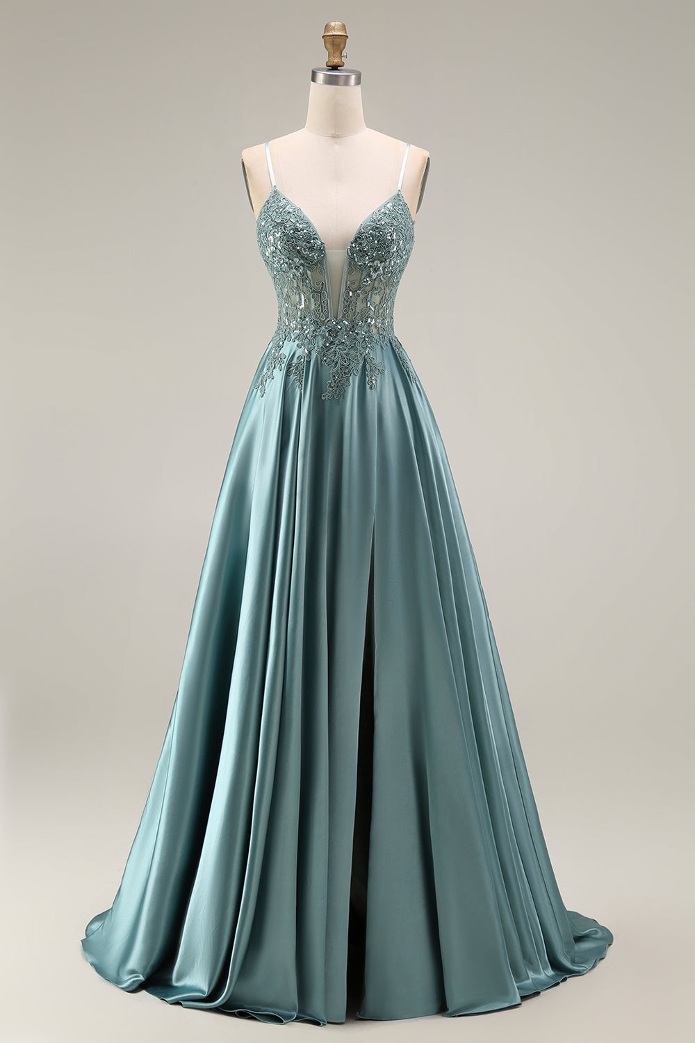 Spaghetti Straps Agave Floral Appliqued Floral A Line Long Prom Dress with Slit