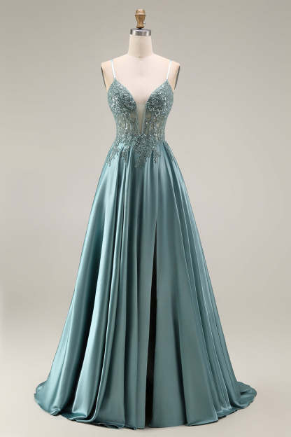 Spaghetti Straps Agave Floral Appliqued Floral A Line Long Prom Dress with Slit