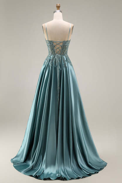 Spaghetti Straps Agave Floral Appliqued Floral A Line Long Prom Dress with Slit