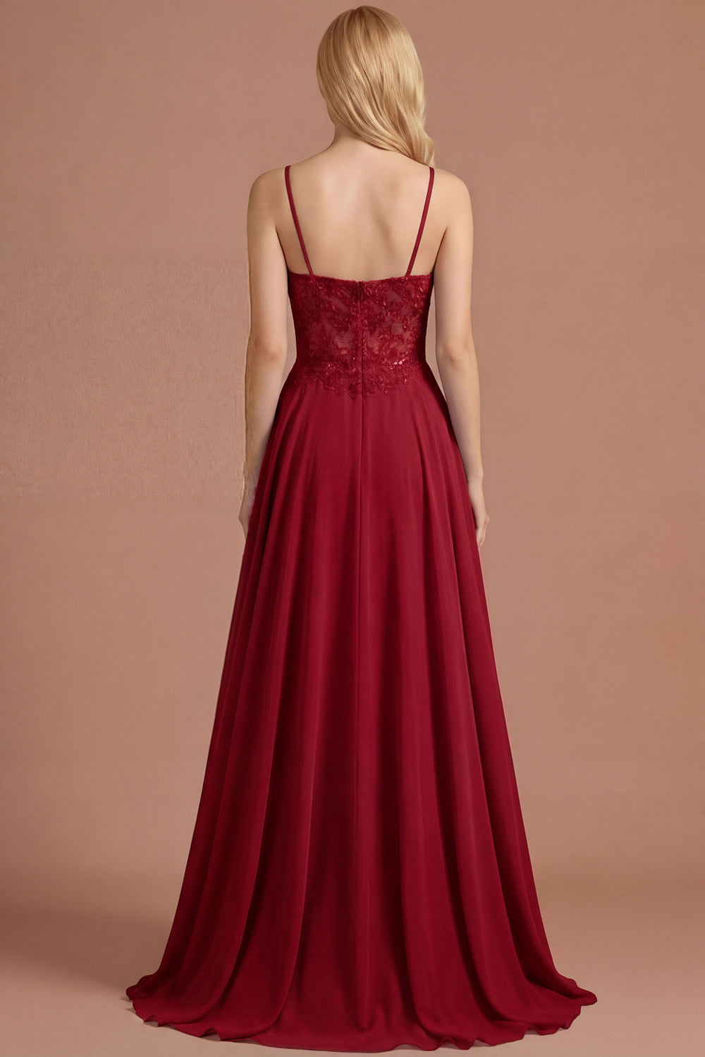 Burgundy Beaded Spaghetti Straps A Line Long Prom Dress