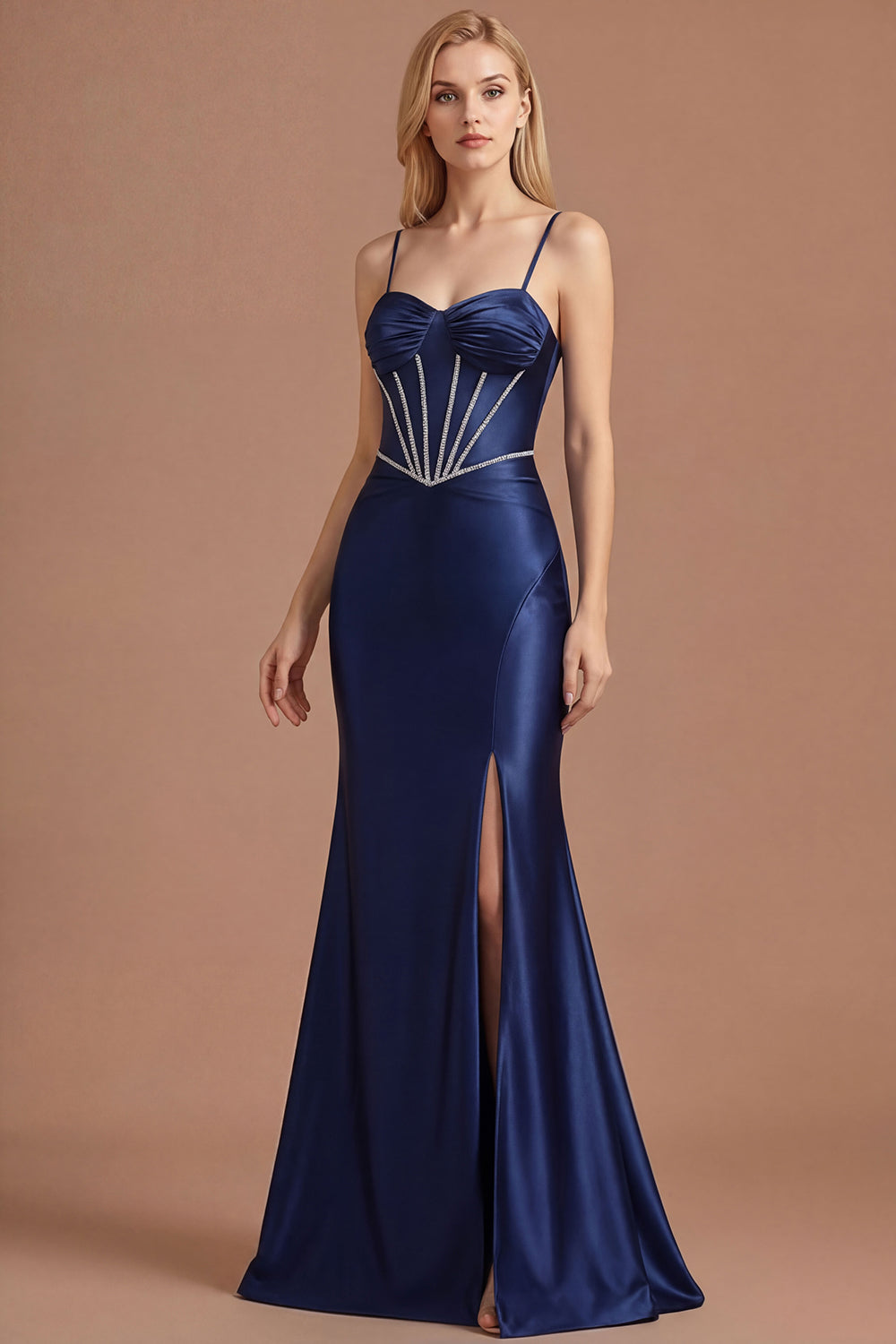 Leely Women Navy Corset Satin Mermaid Long Prom Dress with Slit Sleeveless Spaghetti Straps Evening Dress
