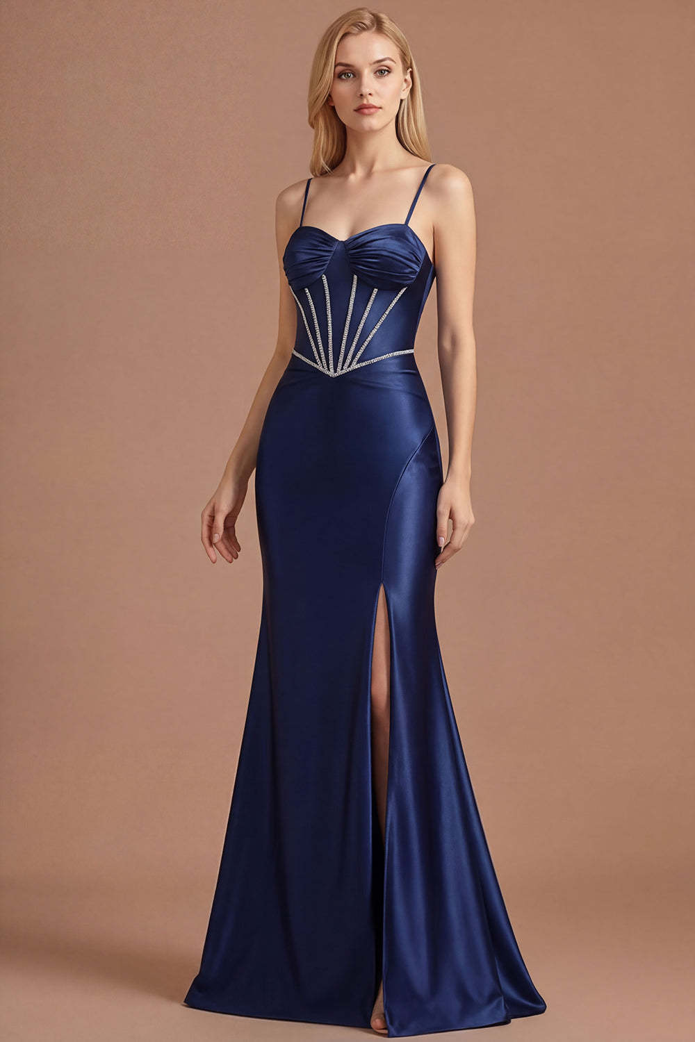 Leely Women Navy Corset Satin Mermaid Long Prom Dress with Slit Sleeveless Spaghetti Straps Evening Dress