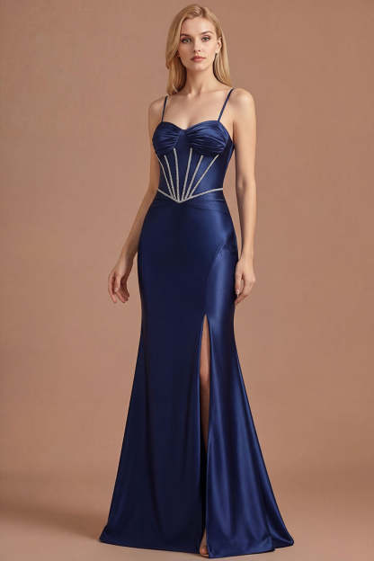 Leely Women Navy Corset Satin Mermaid Long Prom Dress with Slit Sleeveless Spaghetti Straps Evening Dress