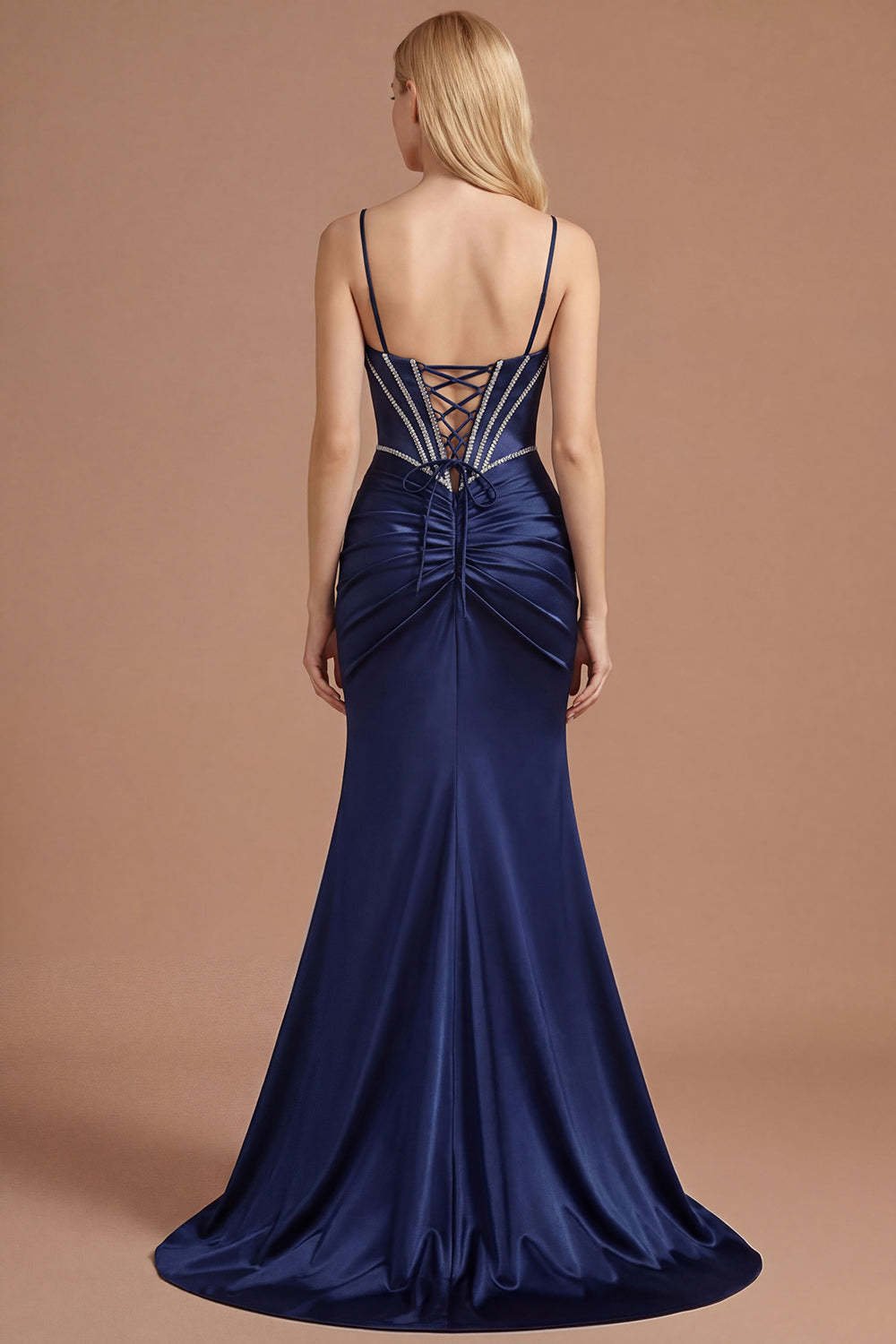 Spaghetti Straps Navy Corset Satin Mermaid Long Prom Dress with Slit