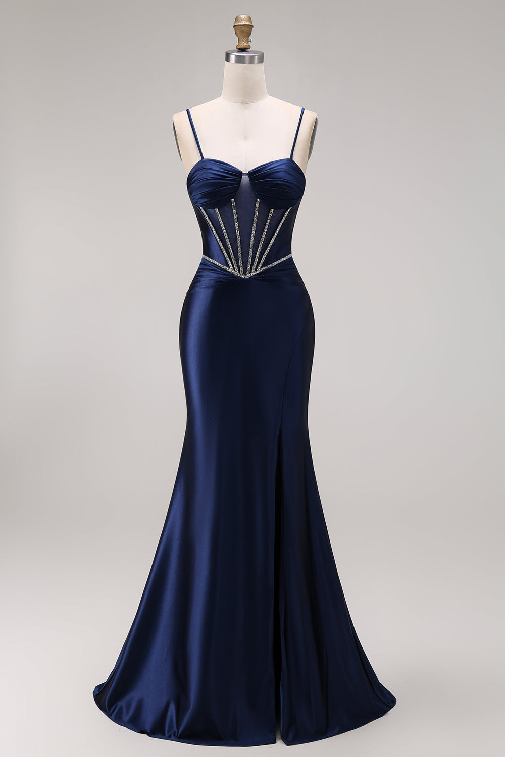 Spaghetti Straps Navy Corset Satin Mermaid Long Prom Dress with Slit