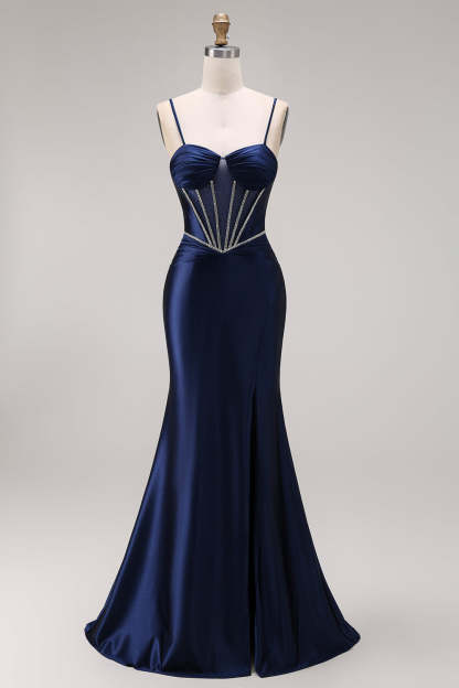 Spaghetti Straps Navy Corset Satin Mermaid Long Prom Dress with Slit