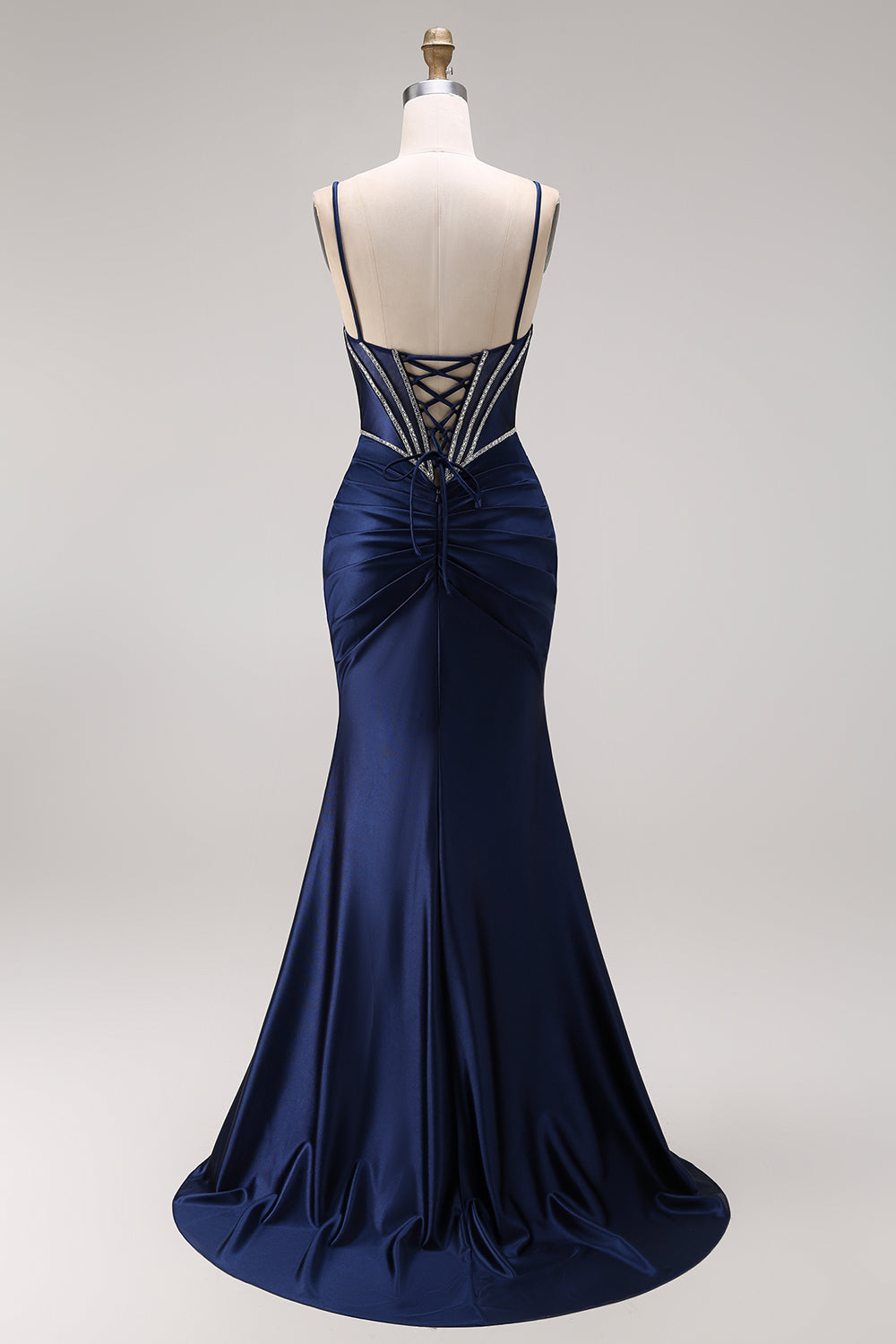Spaghetti Straps Navy Corset Satin Mermaid Long Prom Dress with Slit