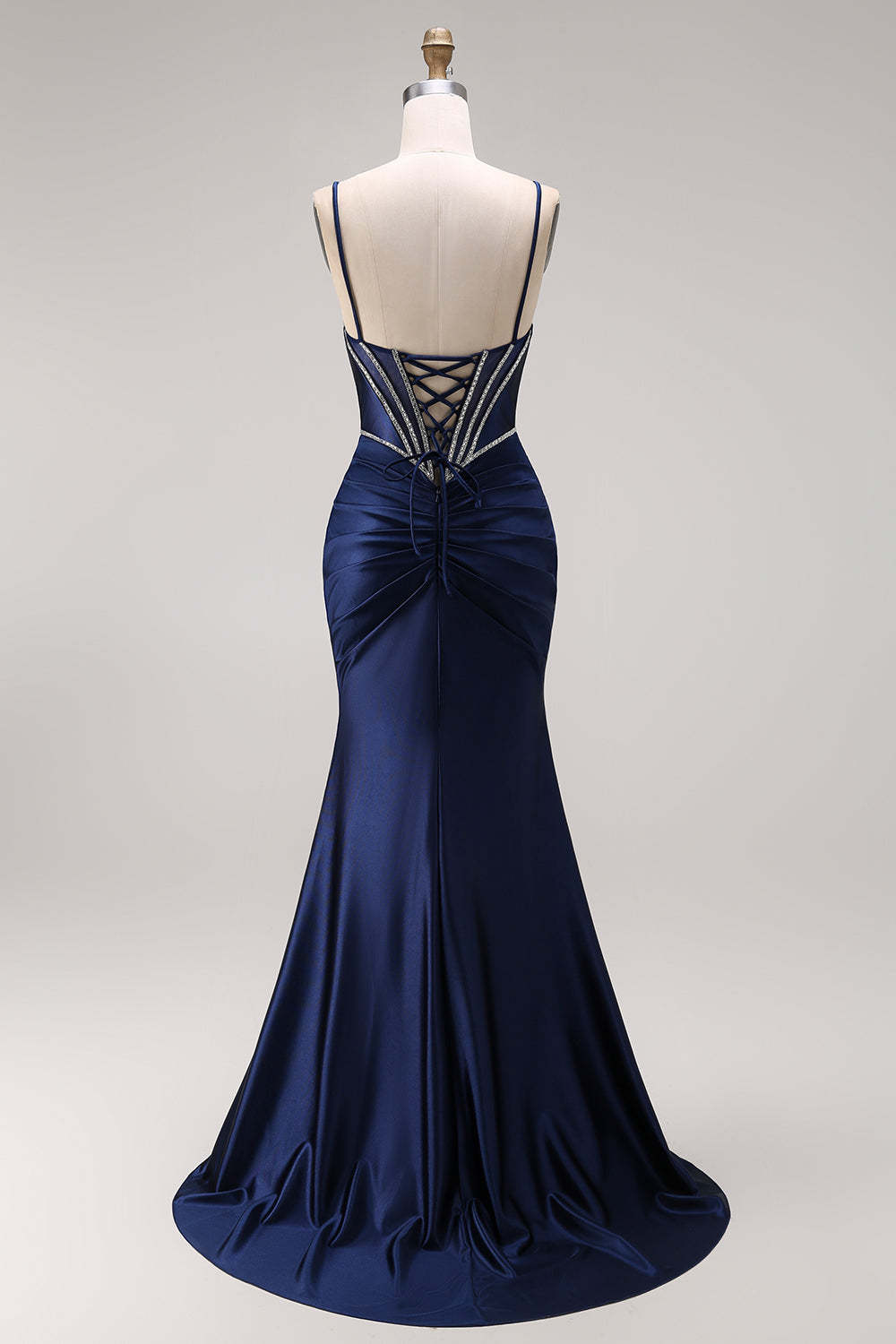 Spaghetti Straps Navy Corset Satin Mermaid Long Prom Dress with Slit