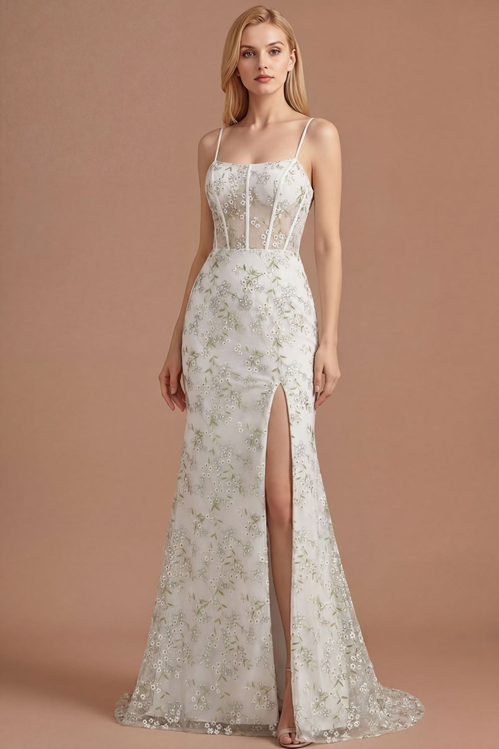 Leely Women White Green Floral Corset Mermaid Long Prom Dress with Slit Spaghetti Straps Appliqued Sleeveless Wedding Guest Dress