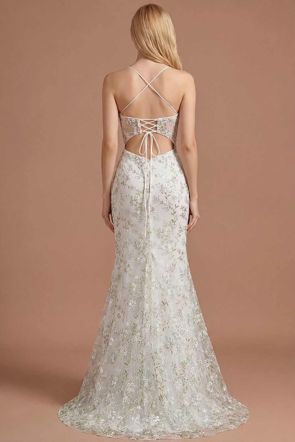 Spaghetti Straps White Green Floral Corset Mermaid Long Prom Dress with Slit