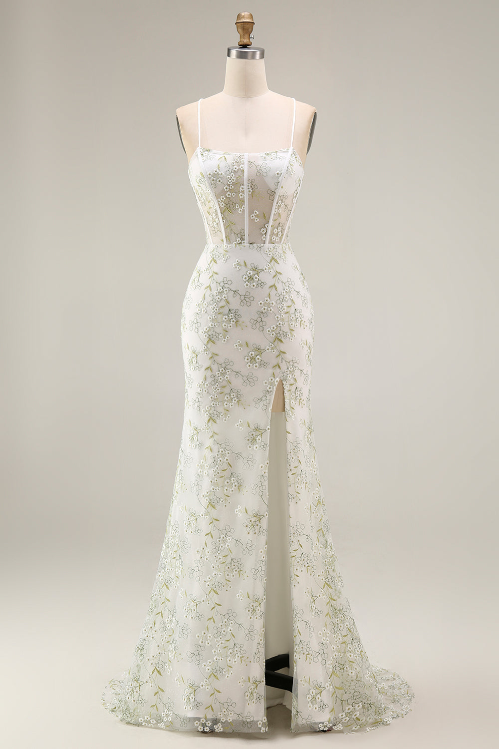 Spaghetti Straps White Green Floral Corset Mermaid Long Prom Dress with Slit