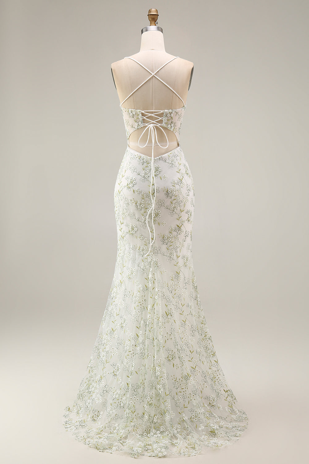 Spaghetti Straps White Green Floral Corset Mermaid Long Prom Dress with Slit