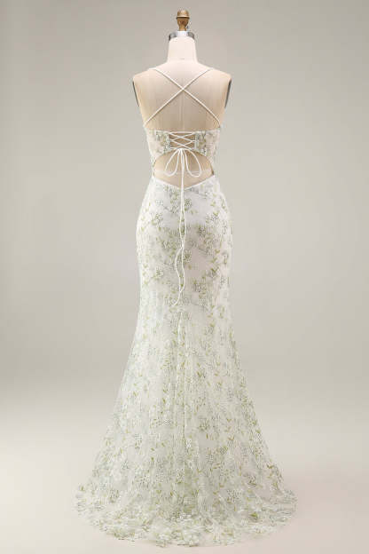 Spaghetti Straps White Green Floral Corset Mermaid Long Prom Dress with Slit