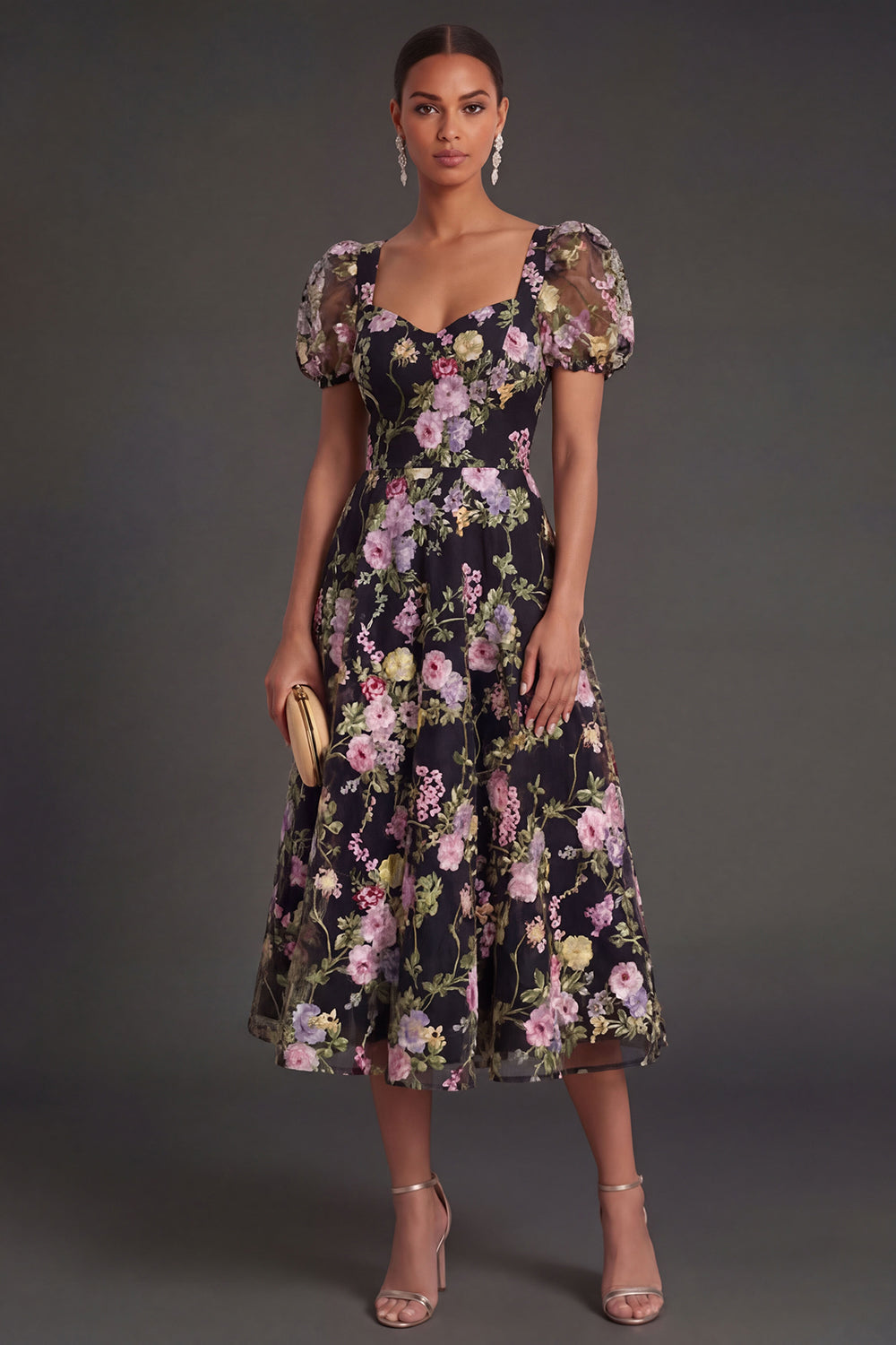 Black Pink Floral A Line Sweetheart Puff Sleeves Midi Beach Wedding Guest Dress