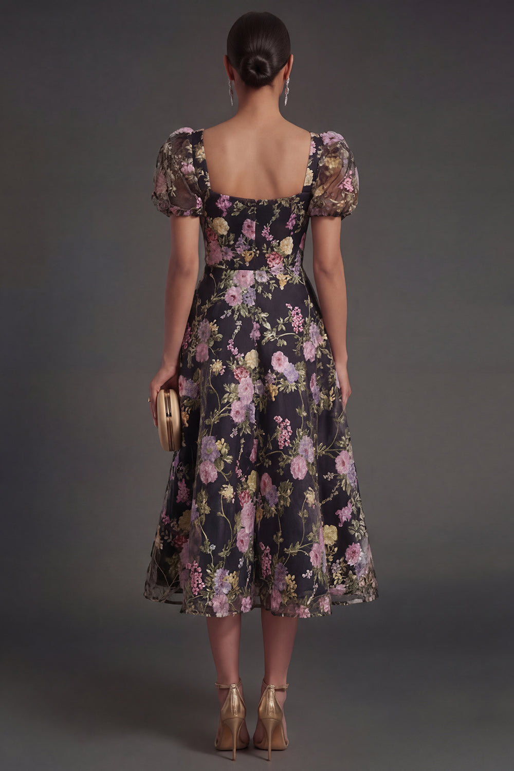 Black Pink Floral A Line Sweetheart Puff Sleeves Midi Beach Wedding Guest Dress