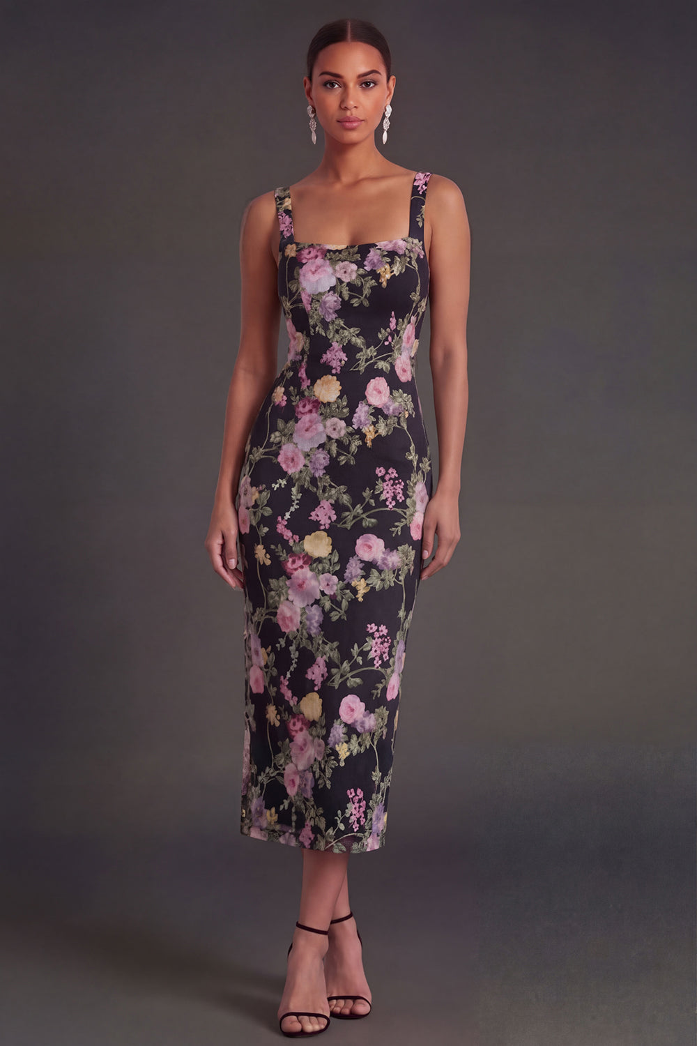Black Pink Floral Sheath Thick Straps Midi Beach Wedding Guest Dress