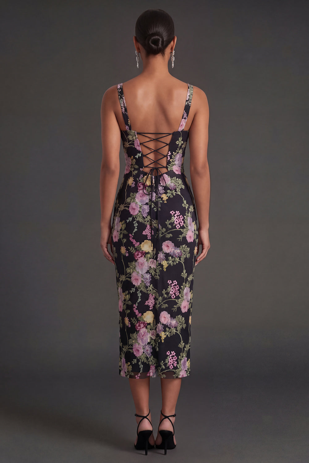 Black Pink Floral Sheath Thick Straps Midi Beach Wedding Guest Dress