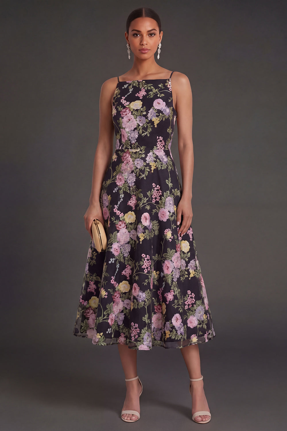 A Line Black Pink Floral Spaghetti Straps Midi Beach Wedding Guest Dress