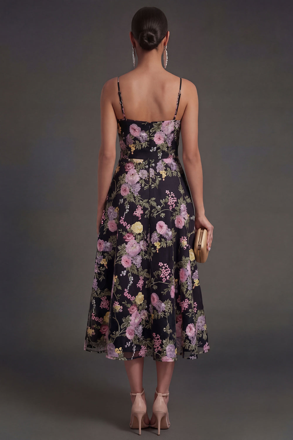 A Line Black Pink Floral Spaghetti Straps Midi Beach Wedding Guest Dress