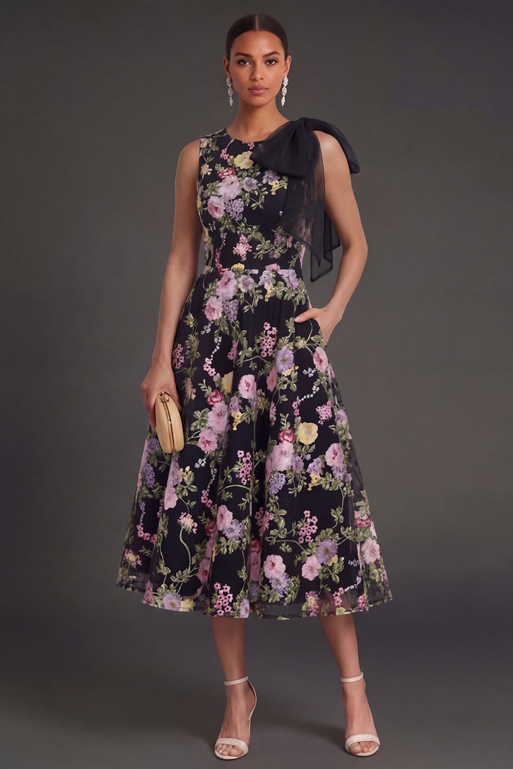 A Line Black Pink Floral Round Neck Midi Beach Wedding Guest Dress with Bow