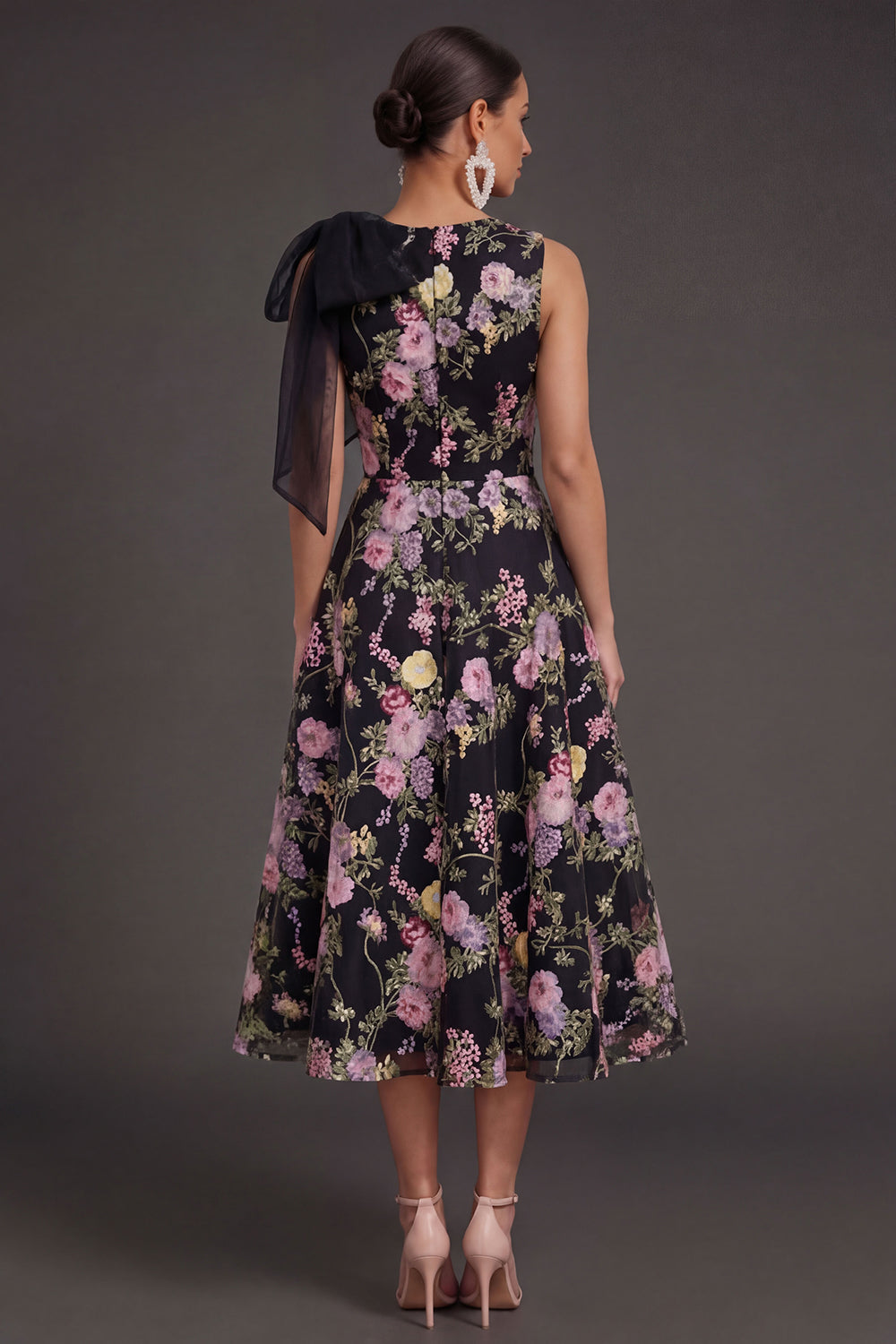 A Line Black Pink Floral Round Neck Midi Beach Wedding Guest Dress with Bow