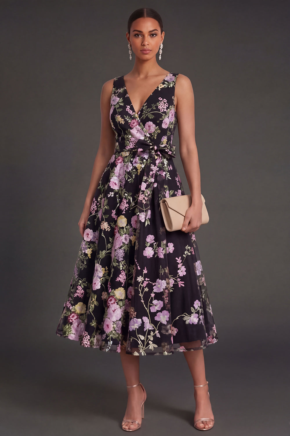 V Neck A Line Black Pink Floral Midi Beach Wedding Guest Dress