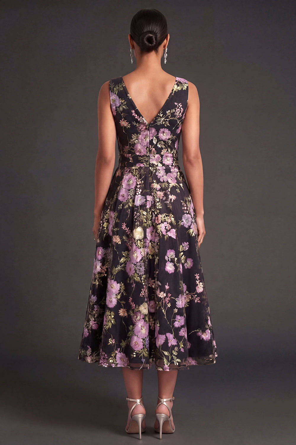 V Neck A Line Black Pink Floral Midi Beach Wedding Guest Dress