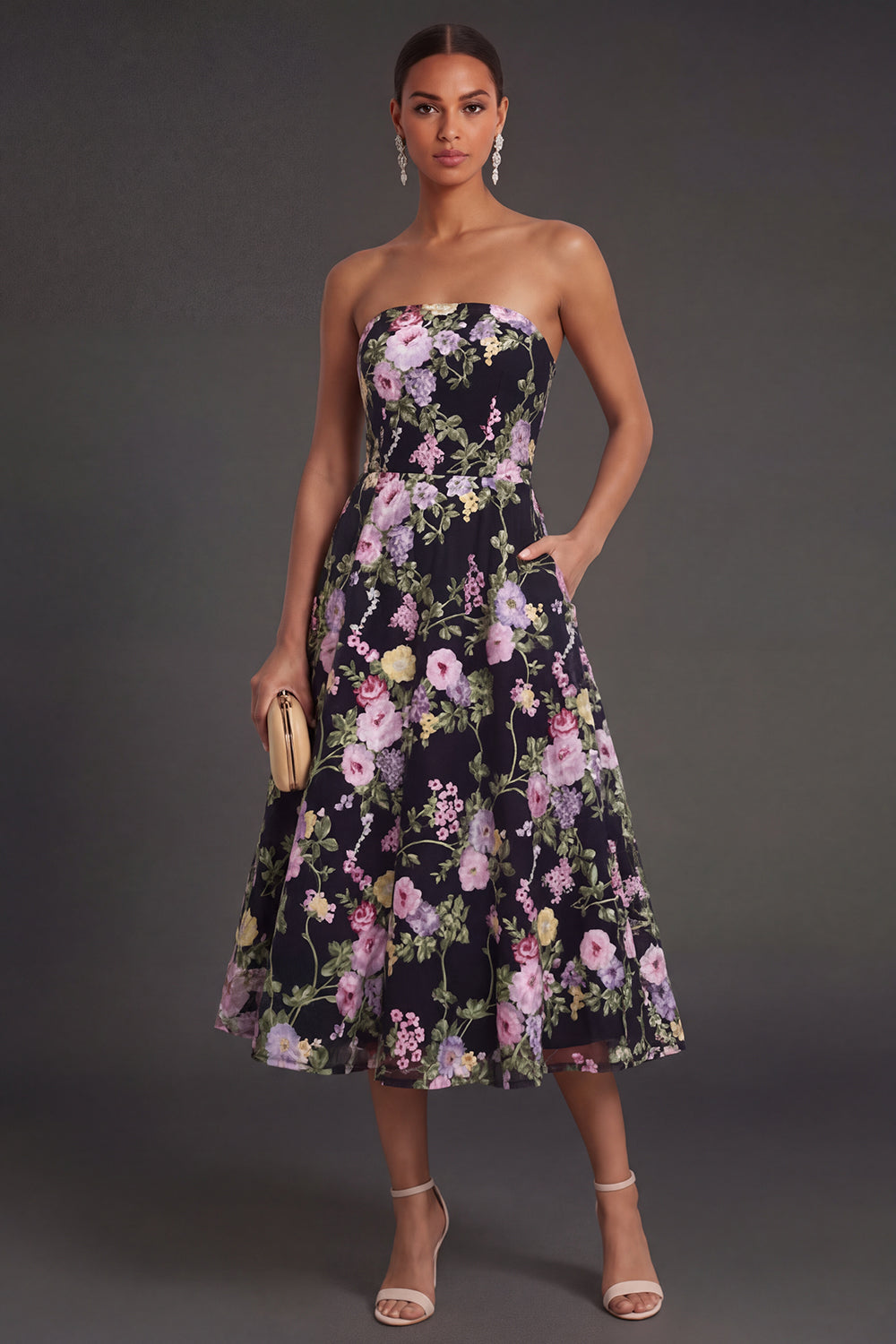 A Line Black Pink Strapless Floral Midi Beach Wedding Guest Dress