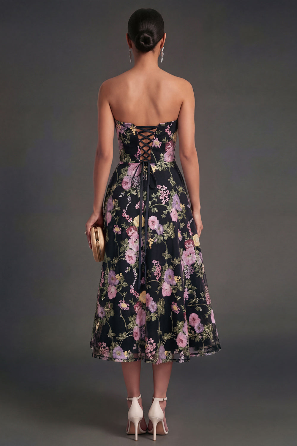 A Line Black Pink Strapless Floral Midi Beach Wedding Guest Dress