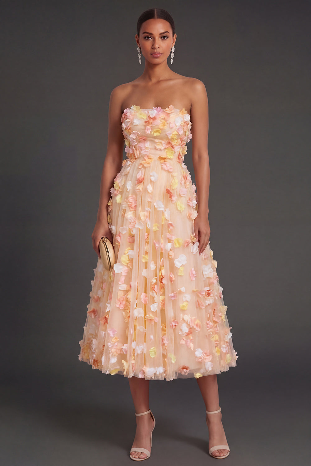 Leely Women Champagne Floral A Line Midi Beach Wedding Guest Dress Appliqued Strapless Sleeveless Garden Party Dress