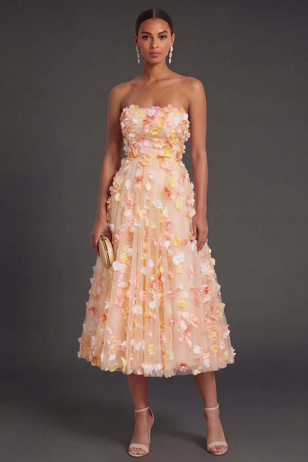 Leely Women Champagne Floral A Line Midi Beach Wedding Guest Dress Appliqued Strapless Sleeveless Garden Party Dress