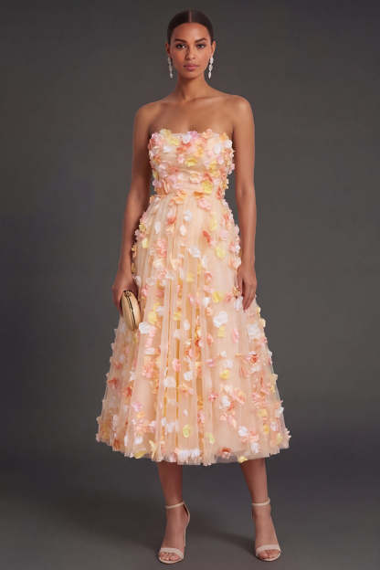 Leely Women Champagne Floral A Line Midi Beach Wedding Guest Dress Appliqued Strapless Sleeveless Garden Party Dress
