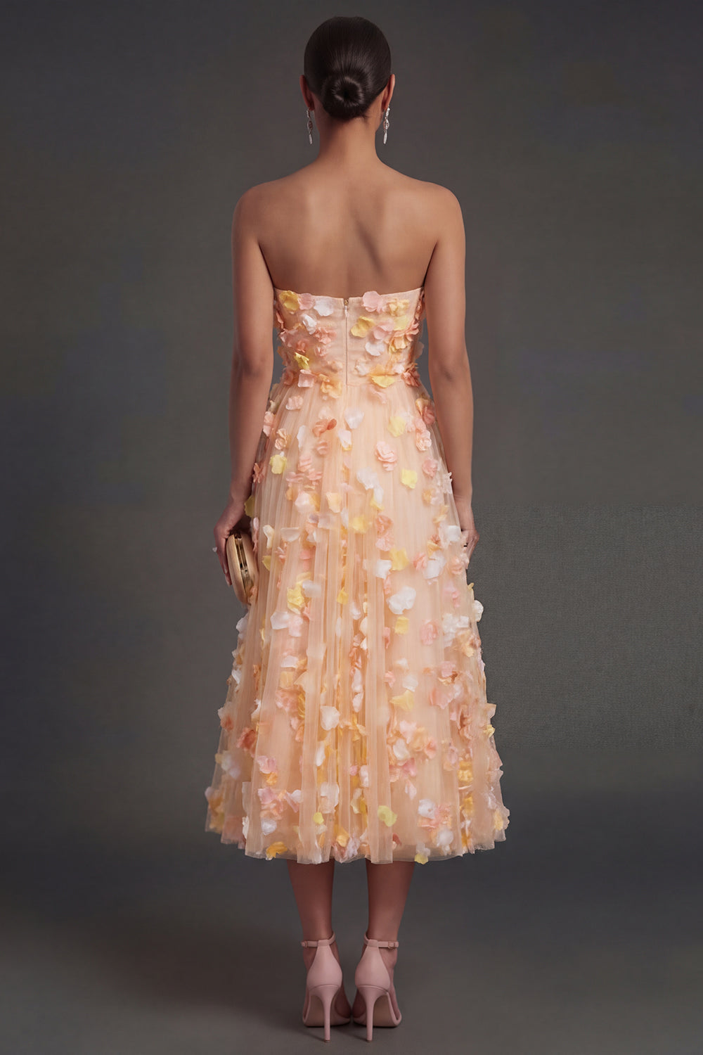 Champagne Floral A Line Appliqued Strapless Midi Beach Wedding Guest Dress