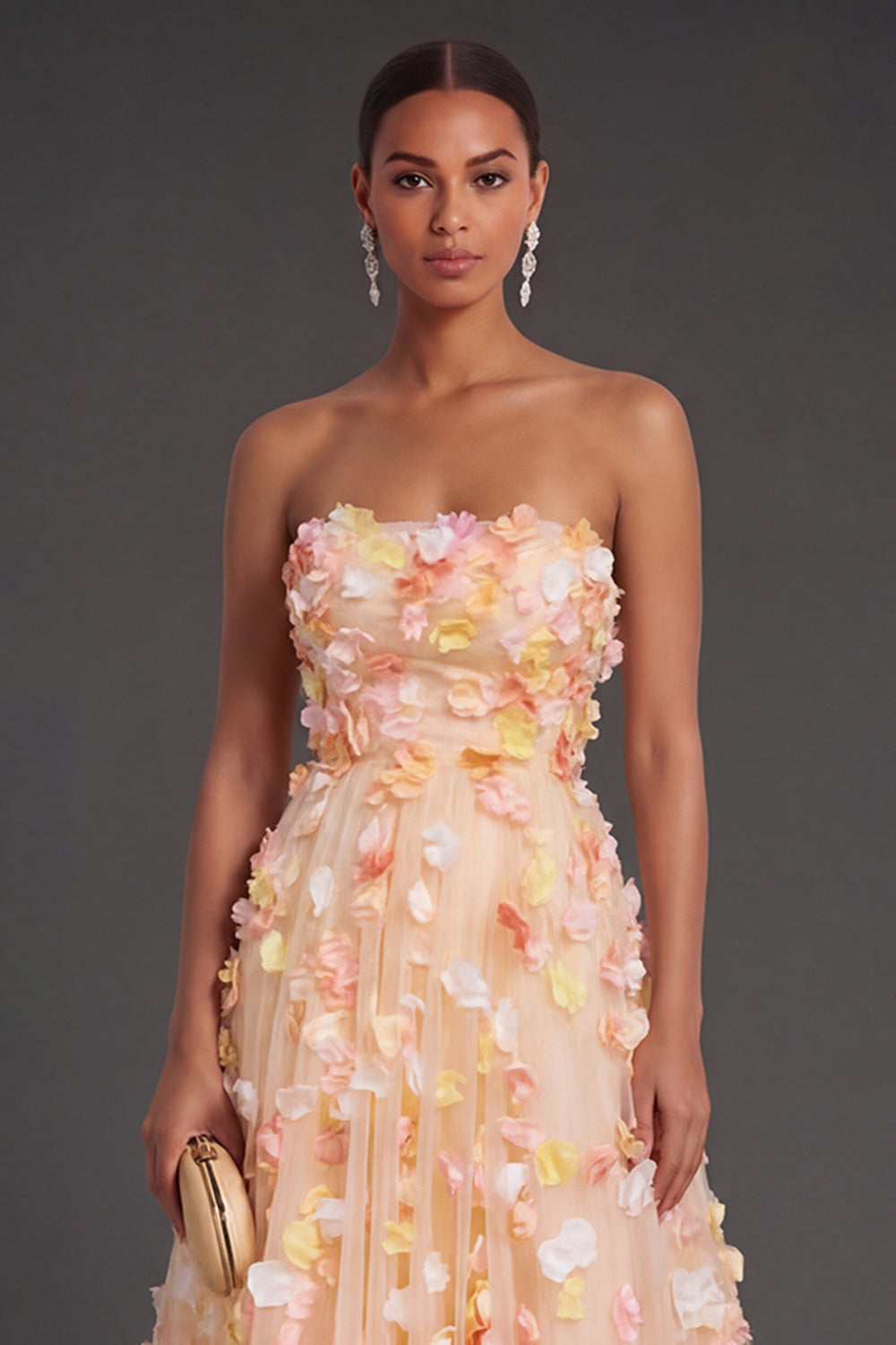 Champagne Floral A Line Appliqued Strapless Midi Beach Wedding Guest Dress