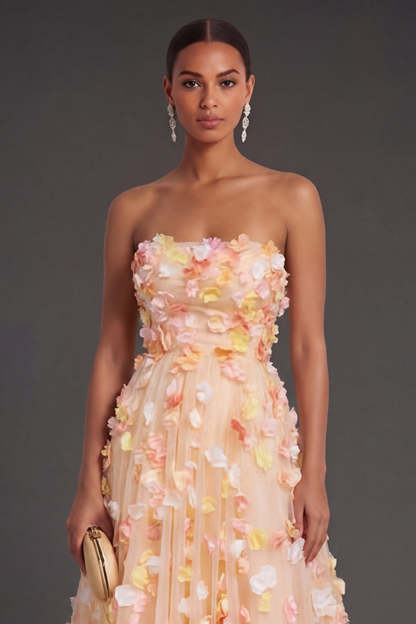 Champagne Floral A Line Appliqued Strapless Midi Beach Wedding Guest Dress