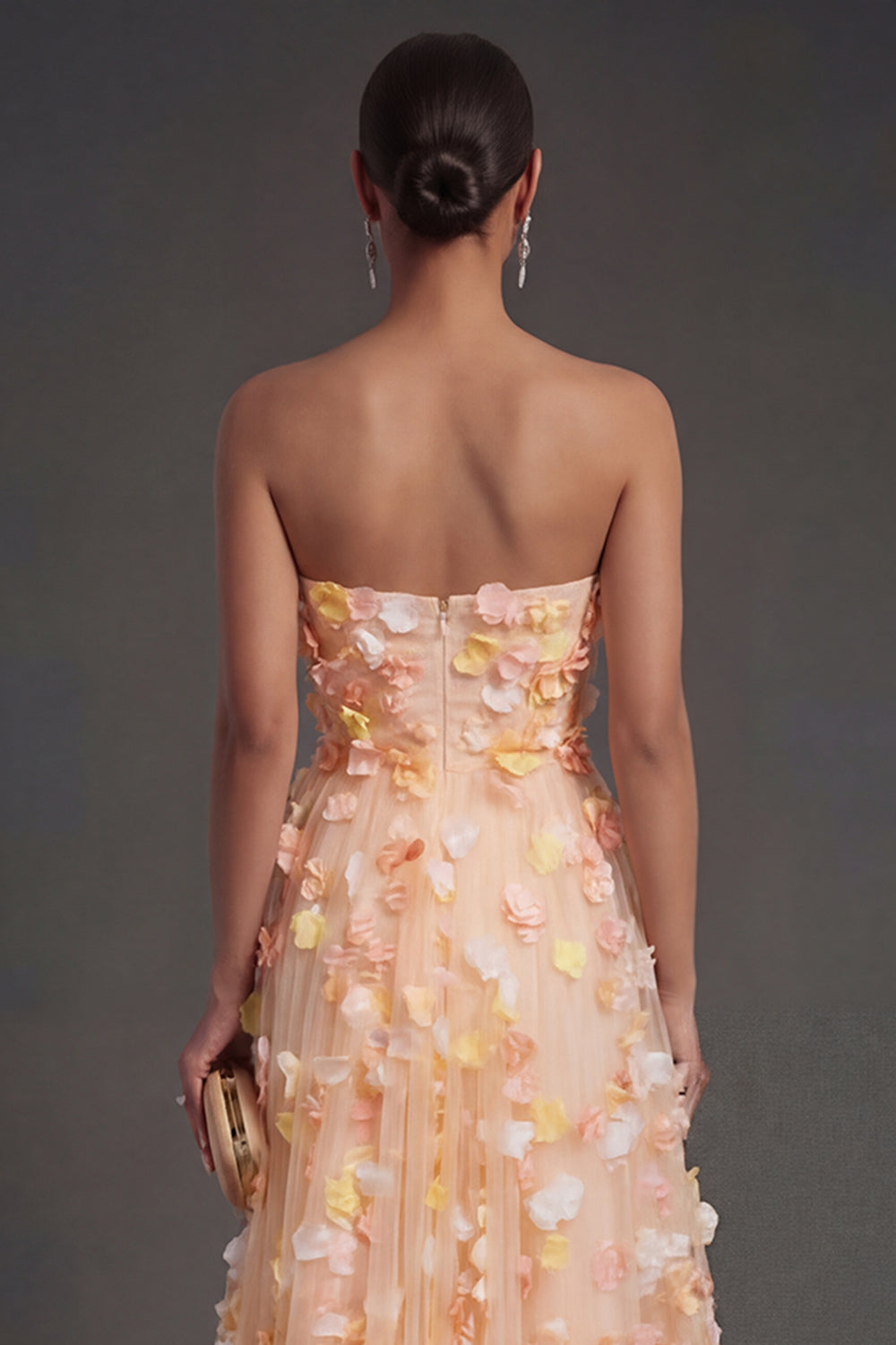 Champagne Floral A Line Appliqued Strapless Midi Beach Wedding Guest Dress
