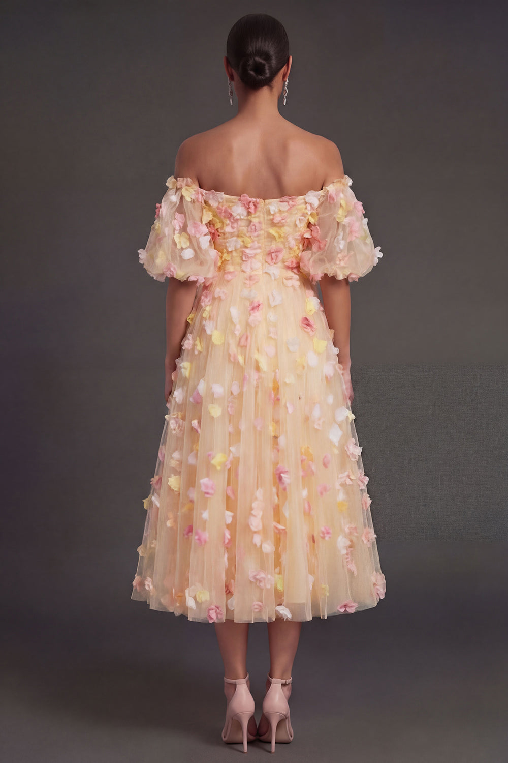 Off the Shoulder Champagne Floral A Line Puff Sleeves Midi Beach Wedding Guest Dress