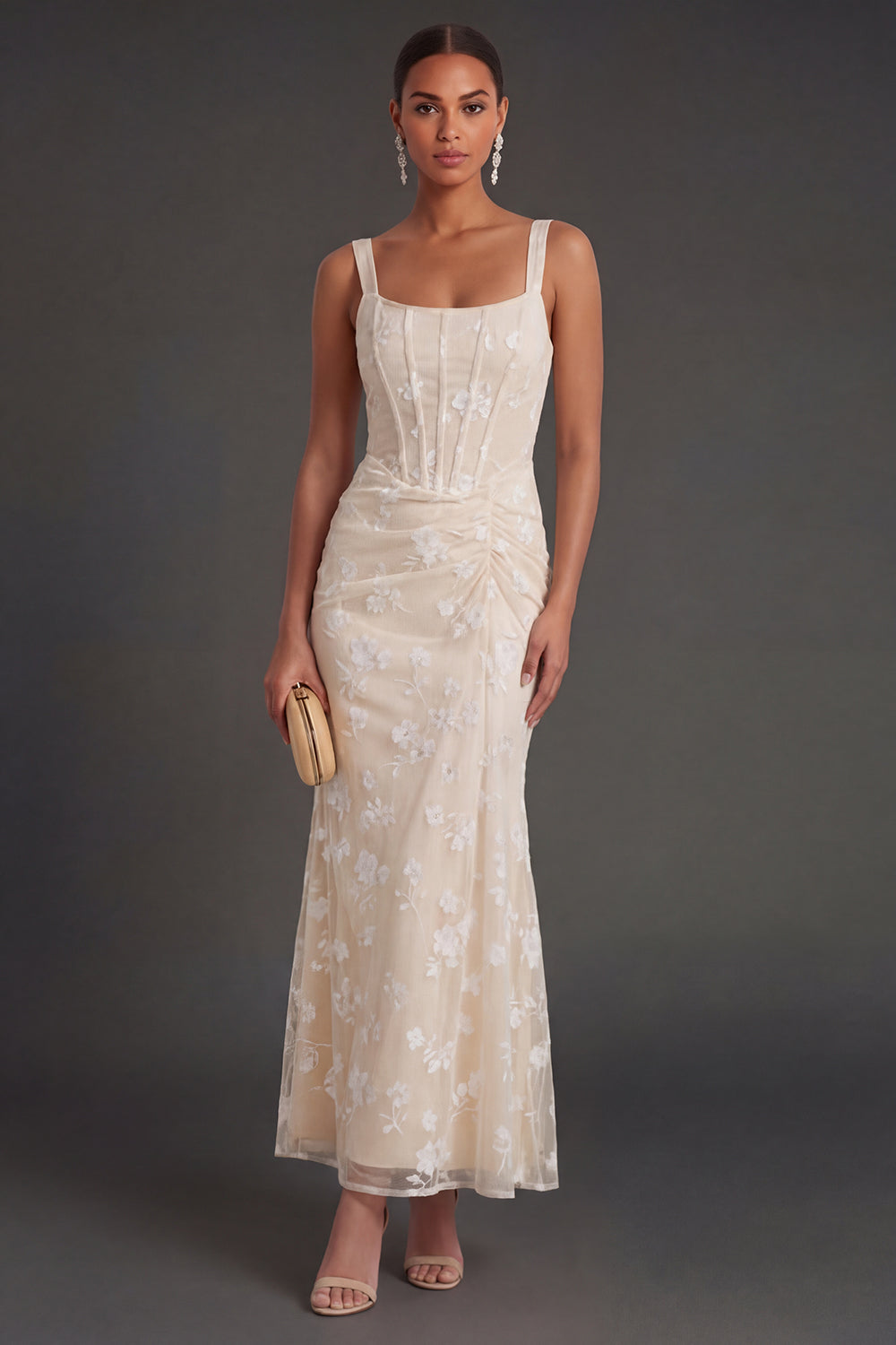 Blue Floral Sheath Thick Straps Corset Ruched Midi Beach Wedding Guest Dress