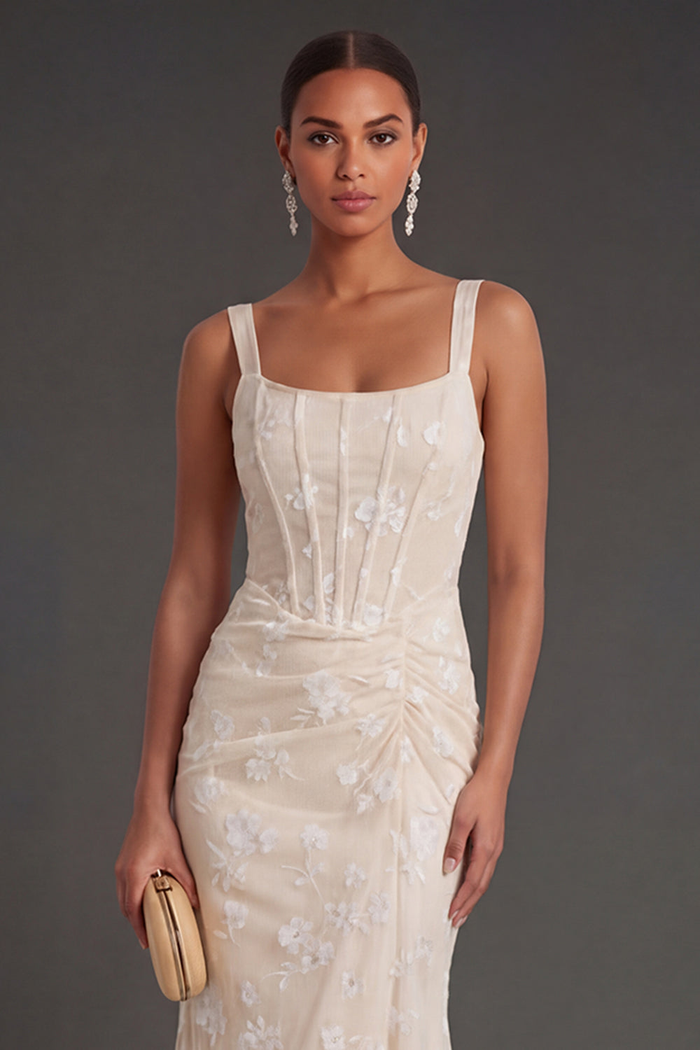 Blue Floral Sheath Thick Straps Corset Ruched Midi Beach Wedding Guest Dress
