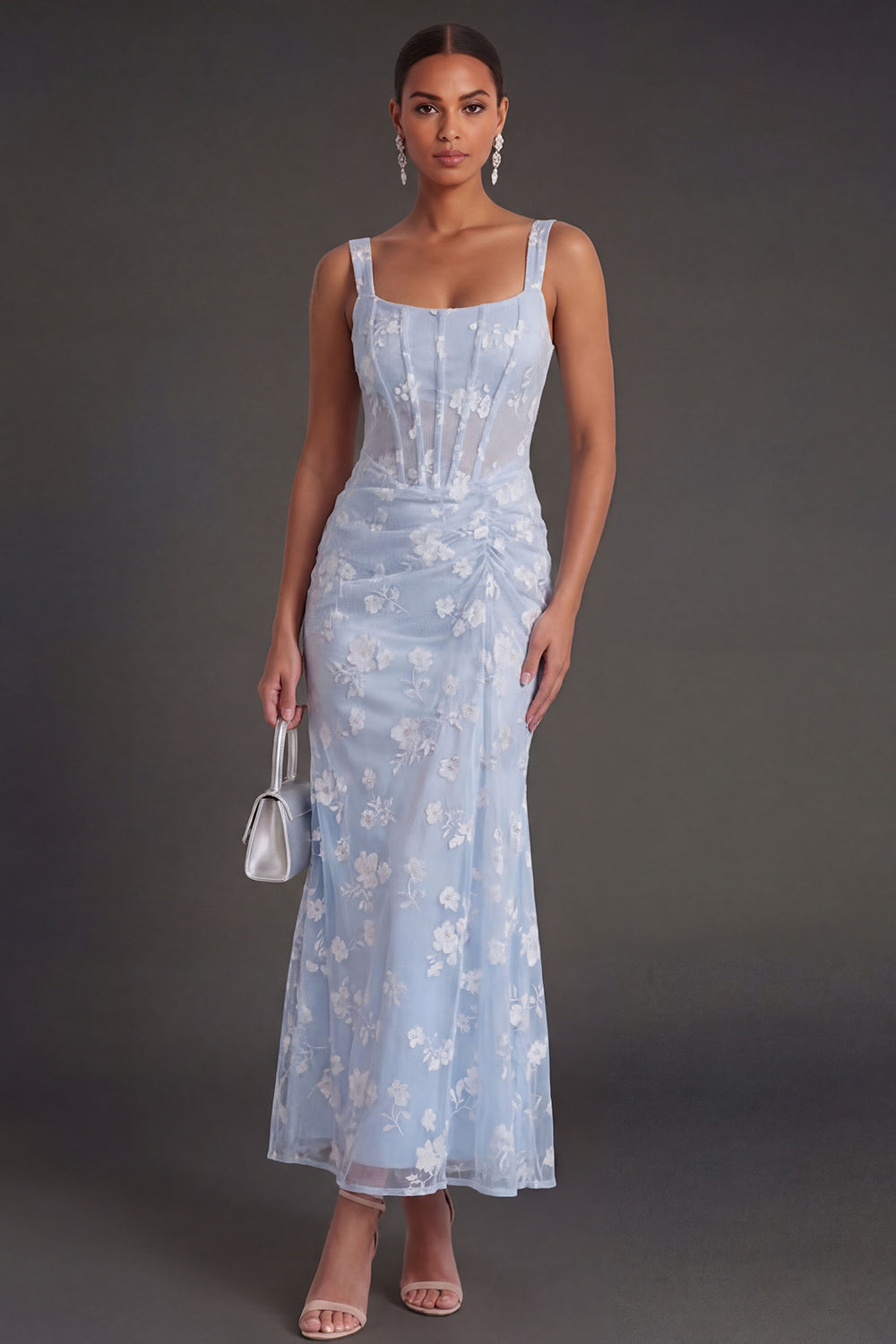 Blue Floral Sheath Thick Straps Corset Ruched Midi Beach Wedding Guest Dress