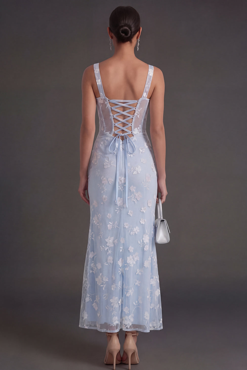 Blue Floral Sheath Thick Straps Corset Ruched Midi Beach Wedding Guest Dress