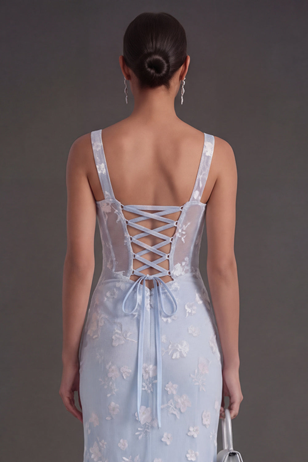 Blue Floral Sheath Thick Straps Corset Ruched Midi Beach Wedding Guest Dress