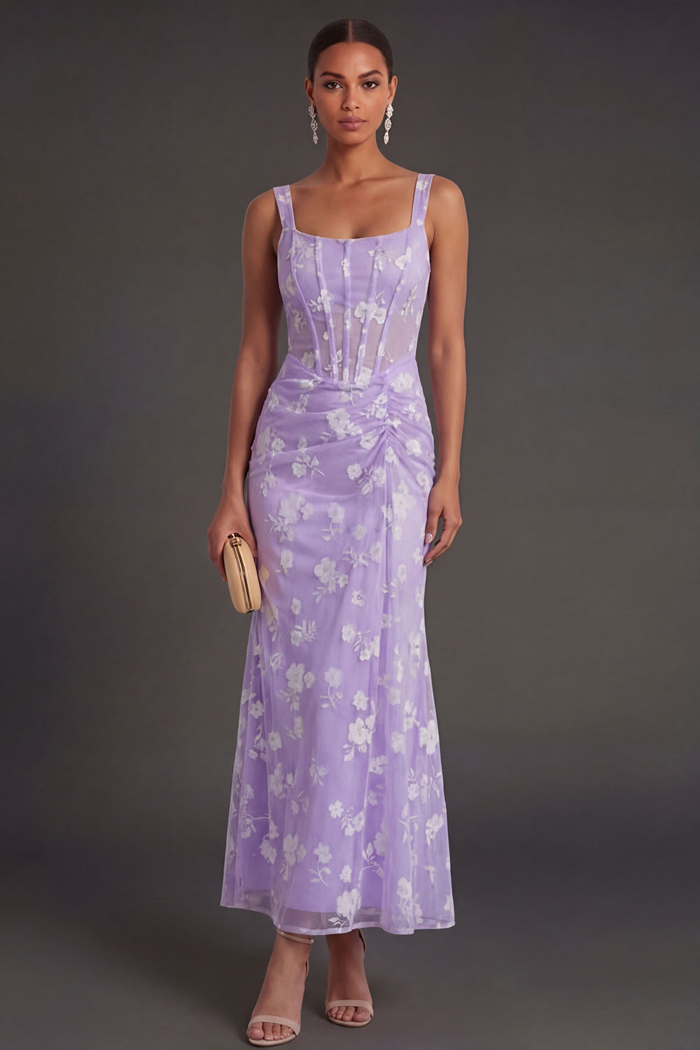 Leely Women Blue Floral Sheath Corset Ruched Midi Beach Wedding Guest Dress Thick Straps Appliqued Sleeveless Garden Party Dress