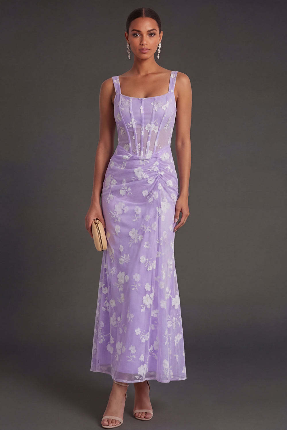Leely Women Blue Floral Sheath Corset Ruched Midi Beach Wedding Guest Dress Thick Straps Appliqued Sleeveless Garden Party Dress