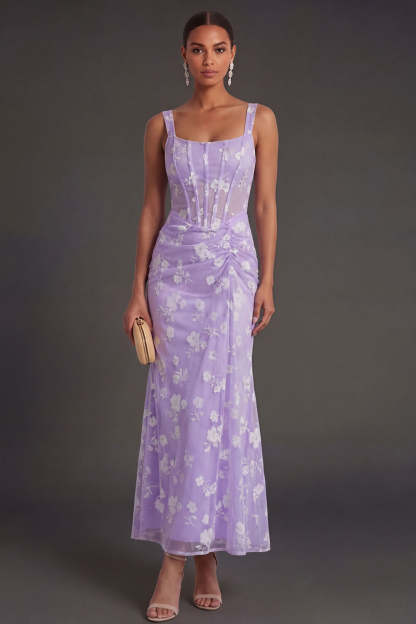 Leely Women Blue Floral Sheath Corset Ruched Midi Beach Wedding Guest Dress Thick Straps Appliqued Sleeveless Garden Party Dress