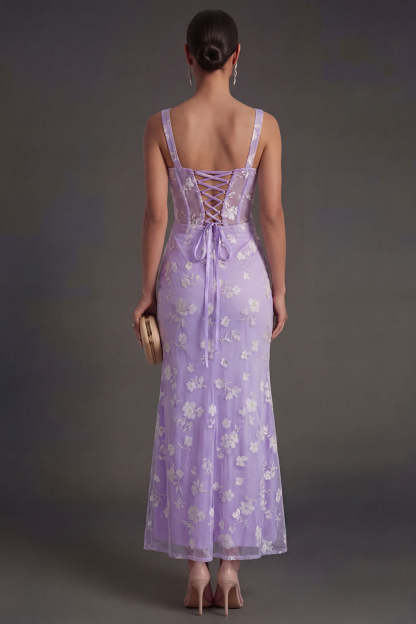 Blue Floral Sheath Thick Straps Corset Ruched Midi Beach Wedding Guest Dress