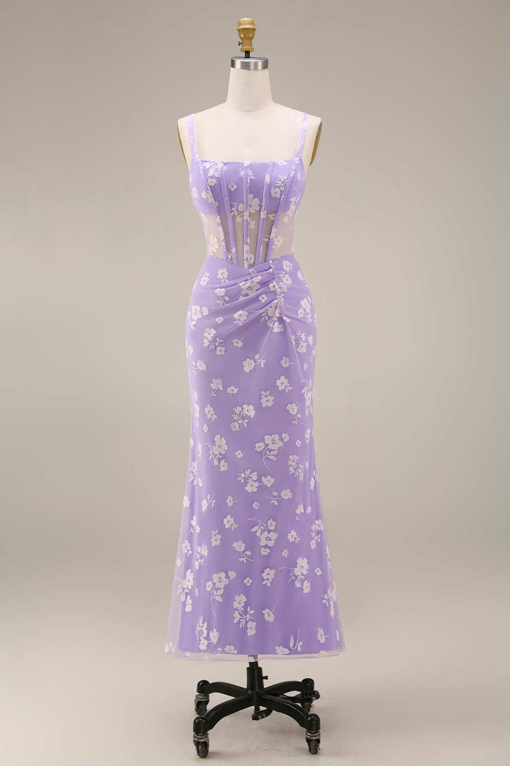 Blue Floral Sheath Thick Straps Corset Ruched Midi Beach Wedding Guest Dress