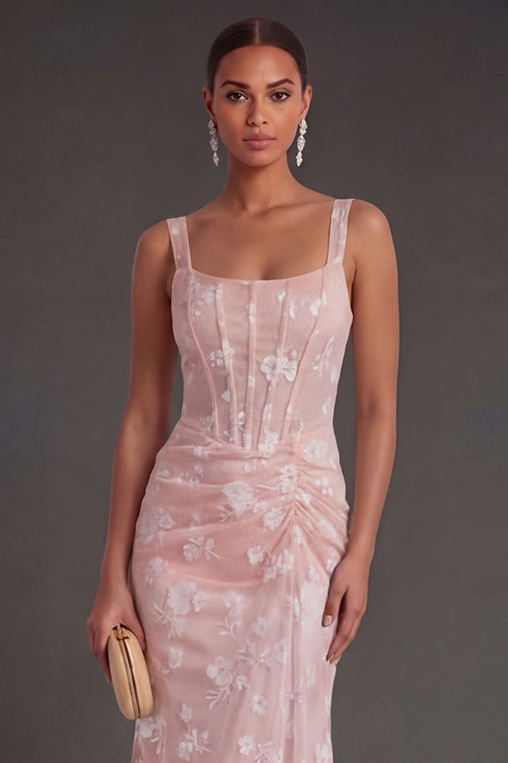 Blue Floral Sheath Thick Straps Corset Ruched Midi Beach Wedding Guest Dress
